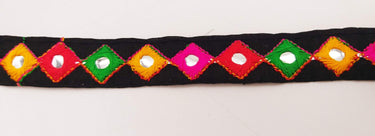 Wholesale Black Cotton Fabric Mirrored Trim With Embroidery In Yellow, Fuchsia Pink, Red & Green Threads